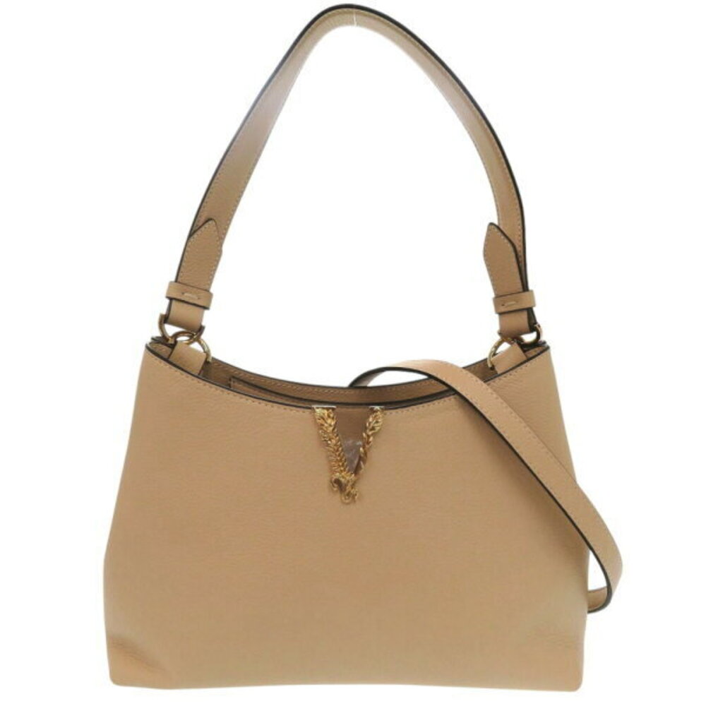 Versace Virtus Chain Shoulder Bag Handbag Beige Leather